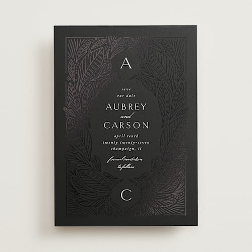 This is a noir foil stamped save the date cards with foil pressed by Jen Owens called royalty printing on signature in standard