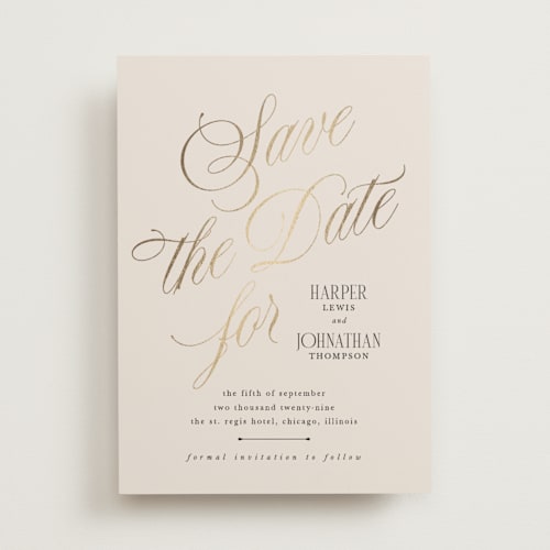 This is a linen foil stamped save the date cards with foil pressed by Kate Ahn called mirin printing on signature in standard
