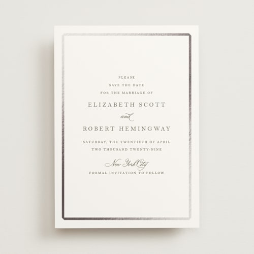 This is a moss foil stamped save the date cards with foil pressed by Megan Davis called bevel printing on signature in standard