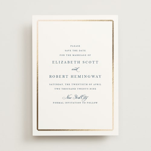 This is a cerulean foil stamped save the date cards with foil pressed by Megan Davis called bevel printing on signature in standard