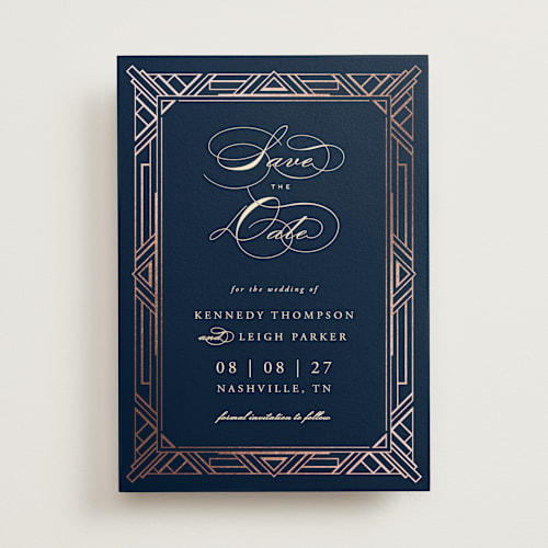 This is a midnight foil stamped save the date cards with foil pressed by Hooray Creative called opulent border printing on signature in standard