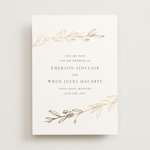 This is a ivory foil stamped save the date cards with foil pressed by Mere Paper called metallic branches printing on signature in standard