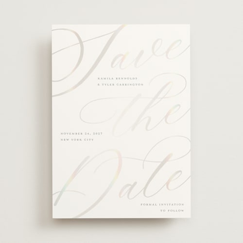This is a opal save the date with gloss press by Kaydi Bishop called scriptic printing on signature in standard