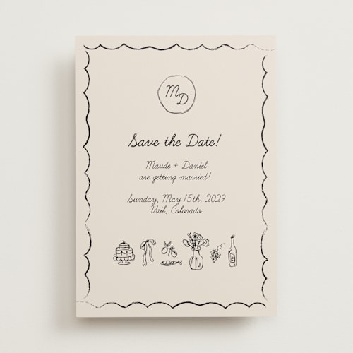 This is a ivory save the date with standard by Aviva Atri called sketchbook love printing on signature in standard