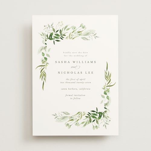 This is a garden save the date with standard by Leah Bisch called verdure printing on signature in standard
