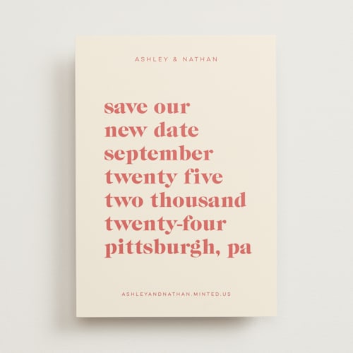 This is a spruce save the date with standard by April Astudillo called modern type printing on signature in standard