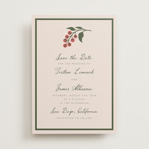 This is a sand save the date with standard by Katharine Watson called tomato vine printing on signature in standard