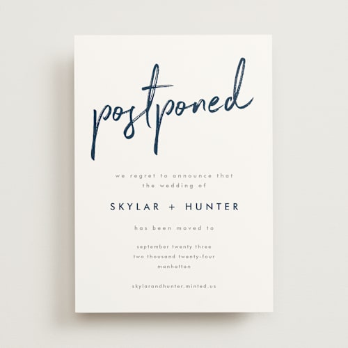 This is a navy save the date with standard by Phrosné Barwood called funky names printing on signature in standard