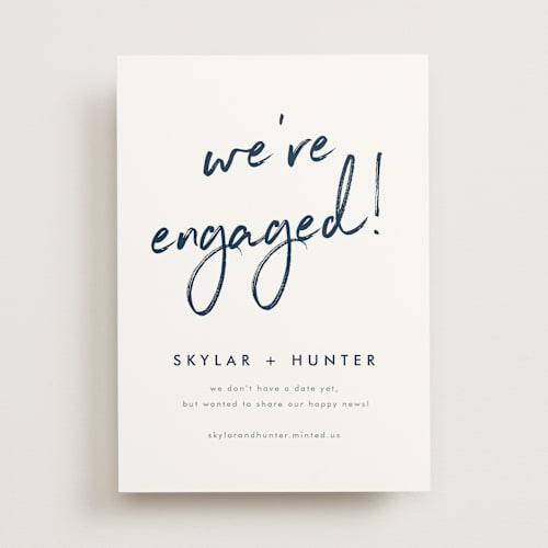 This is a navy save the date with standard by Phrosné Barwood called funky names printing on signature in standard