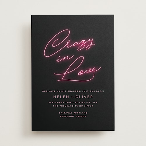 This is a hot pink save the date with standard by Design Lotus called crazy in love printing on signature in standard