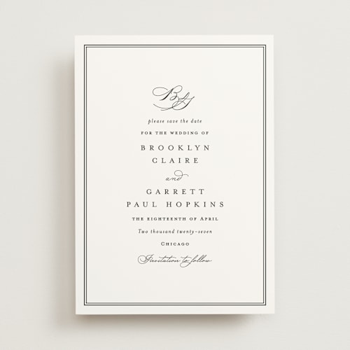 This is a noir save the date with standard by Amy Kross called overlapping printing on signature in standard