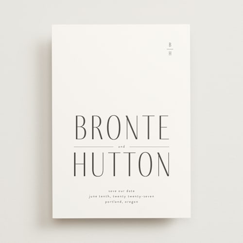 This is a cotton save the date with standard by Blustery August called hutton printing on signature in standard