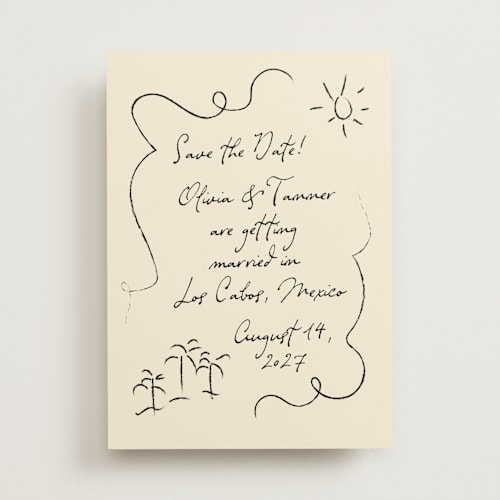 This is a sand save the date with standard by Ashley Iwafuchi called sunny love printing on signature in standard