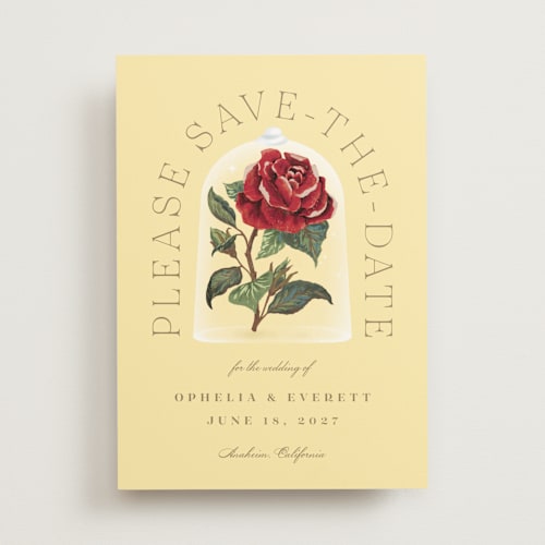This is a minosa save the date with standard by Leah Bisch called enchanted rose from disney's beauty & the beast printing on signature in standard