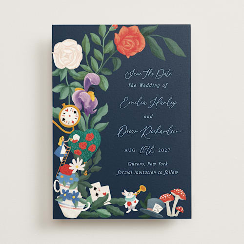 This is a evening save the date with standard by Elly called a garden tea party printing on signature in standard