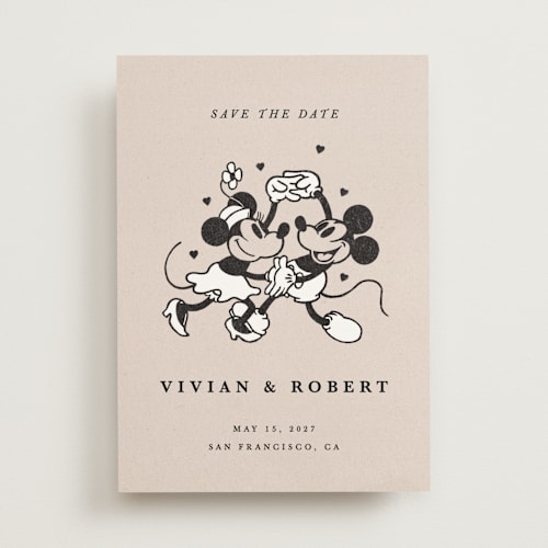 This is a retro save the date with standard by Sumak Studio called disney's retro mickey mouse and minnie mouse printing on signature in standard
