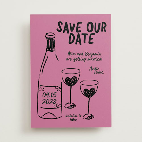 This is a pretty in pink save the date with standard by Helena Vitto called heart of glass printing on signature in standard