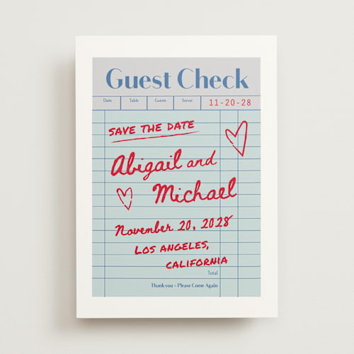 This is a mint save the date with standard by Jennifer Lew called guest check printing on signature in standard