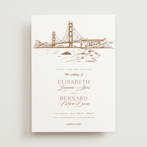 This is a champagne save the date with standard by Sherley Ferreira called san francisco printing on signature in standard