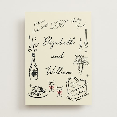 This is a champagne save the date with standard by Helena Vitto called vintage lovers printing on signature in standard