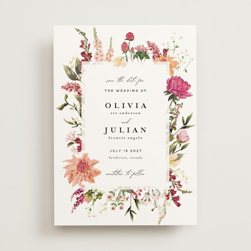 This is a magenta save the date with standard by Susan Moyal called lush printing on signature in standard