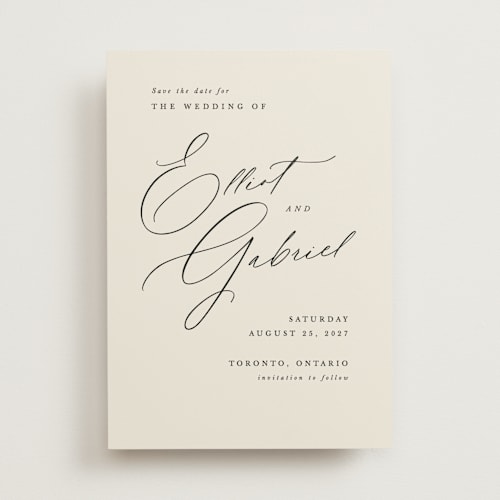 This is a ecru save the date with standard by Hooray Creative called scripted names printing on signature in standard