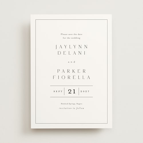 This is a cotton save the date with standard by Stacey Meacham called warm affection printing on signature in standard