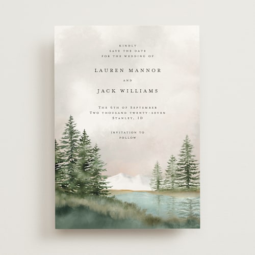 This is a forest save the date with standard by Petra Kern called montagna printing on signature in standard