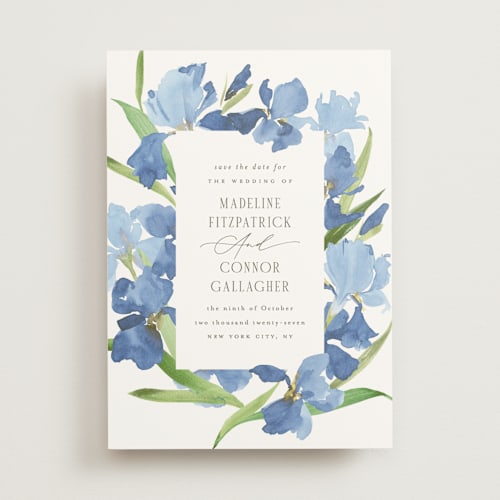 This is a lake save the date with standard by Everett Paper Goods called irises printing on signature in standard