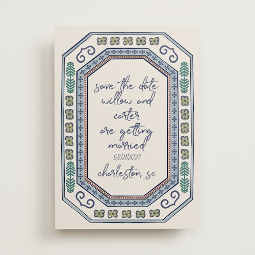 This is a neptune save the date with standard by Kelly Watkins called vase printing on signature in standard