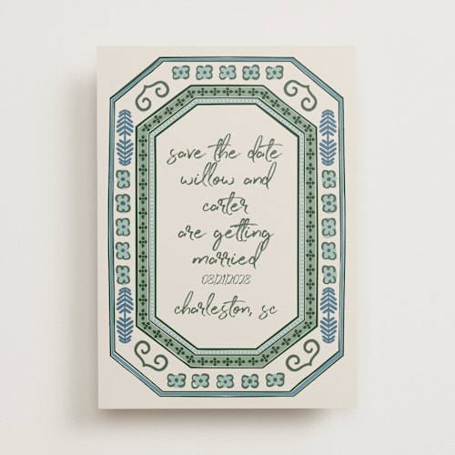 This is a meadow save the date with standard by Kelly Watkins called vase printing on signature in standard