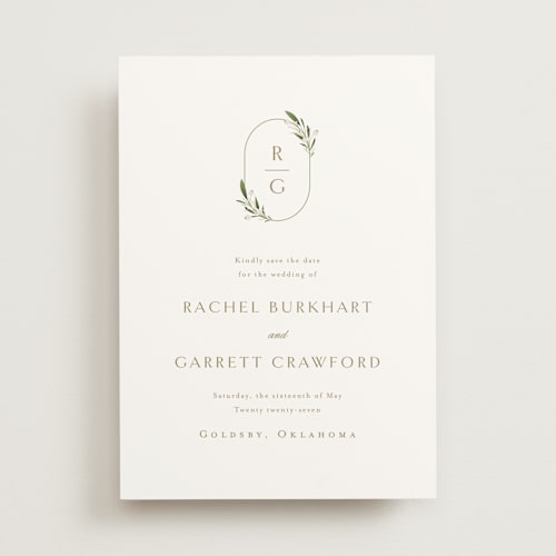 This is a champagne save the date with standard by Jennifer Postorino called soft sprigs printing on signature in standard