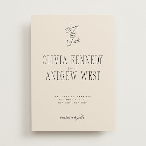 This is a almond save the date with standard by Eric Clegg called modern romance printing on signature in standard