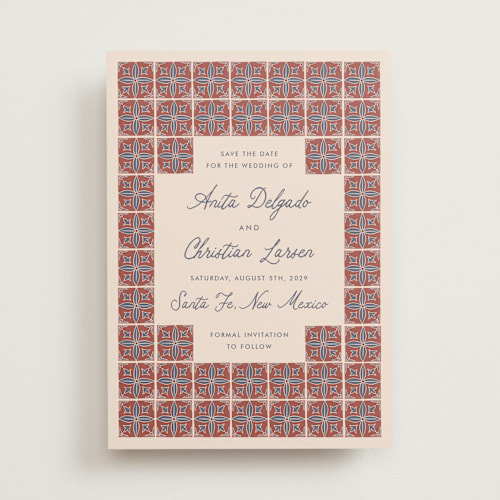 This is a terracotta save the date with standard by Katharine Watson called block print tile printing on signature in standard