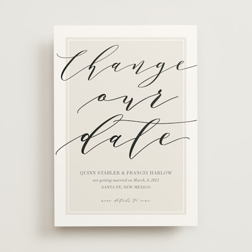 This is a golden cream save the date with standard by Kaydi Bishop called luxe cream printing on signature in standard
