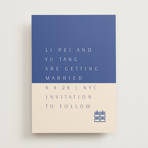 This is a marseille bleu save the date with standard by Deborah Chou called two toned printing on signature in standard