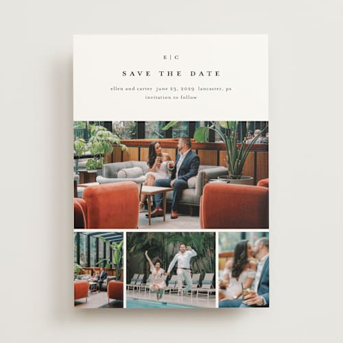 This is a cotton save the date with standard by Stacey Meacham called minimal grid printing on signature in standard