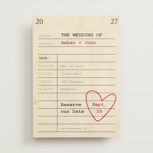 This is a red hot save the date with standard by Ilene Guy called reserve our date printing on signature in standard