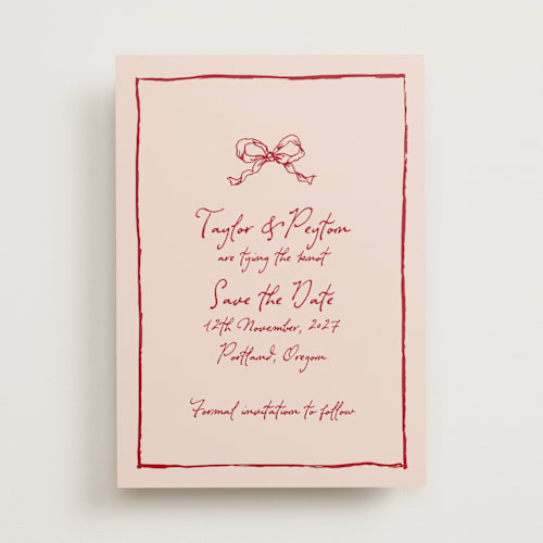 This is a wine save the date with standard by Cass Loh called ribbon bow drawing printing on signature in standard