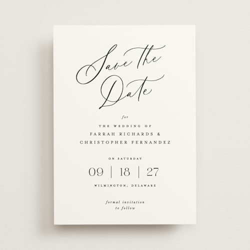 This is a pearl save the date with standard by Hooray Creative called beautifully scripted printing on signature in standard