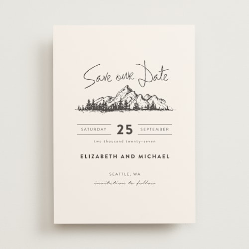 This is a ivory save the date with standard by Anastasia Makarova called mountains printing on signature in standard