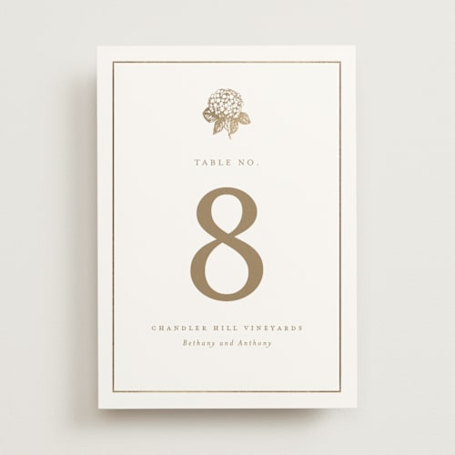 This is a cotton table numbers with foil pressed by Stacey Meacham called hydrangea bloom printing on doublethick in standard