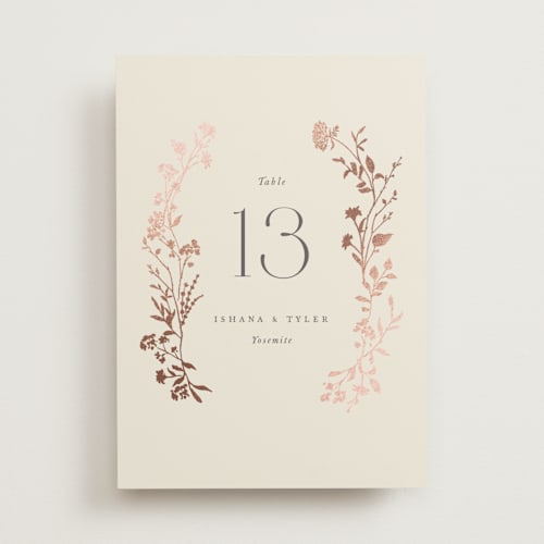 This is a creme brulee table numbers with foil pressed by Jennifer Wick called queen anne's lace printing on doublethick in standard