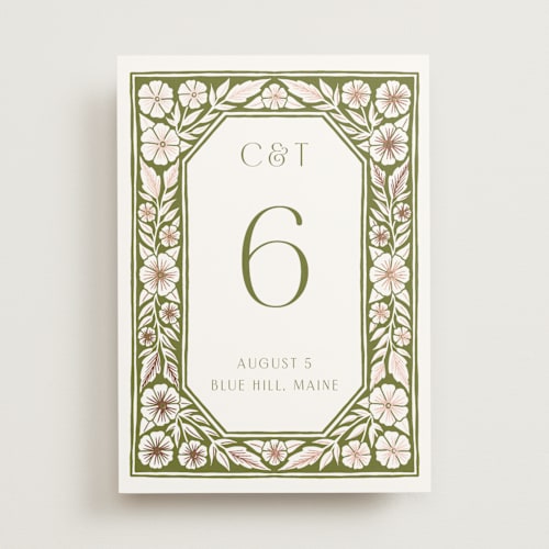 This is a avocado table numbers with foil pressed by Katharine Watson called inlay frame printing on doublethick in standard
