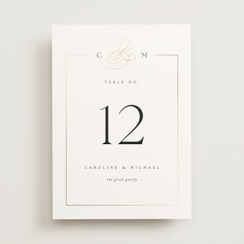 This is a silk table numbers with foil pressed by Kelly Schmidt called framed monogram printing on doublethick in standard