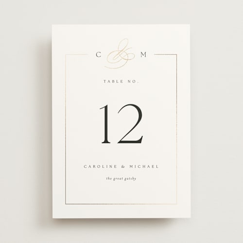 This is a silk table numbers with foil pressed by Kelly Schmidt called framed monogram printing on doublethick in standard