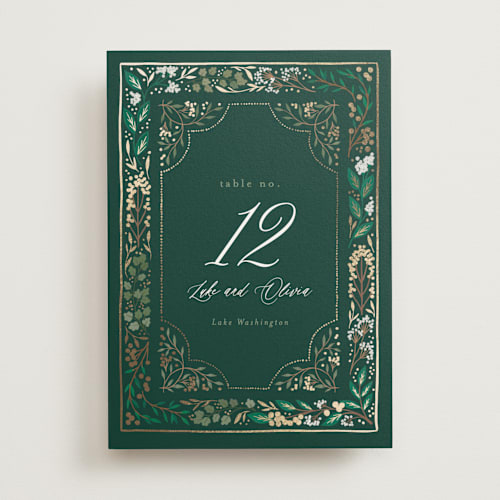 This is a evergreen table numbers with foil pressed by Alethea and Ruth called illuminated storybook printing on doublethick in standard