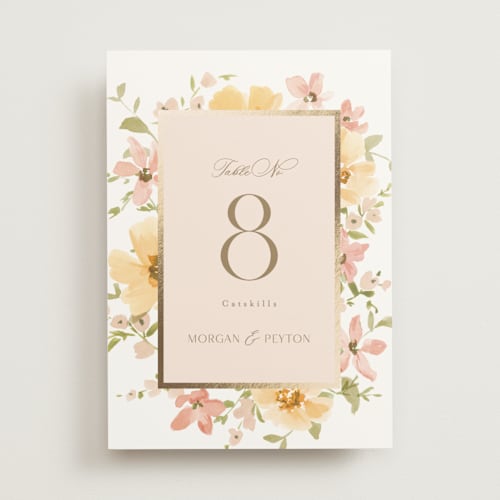 This is a carnation table numbers with foil pressed by Everett Paper Goods called jardin printing on doublethick in standard