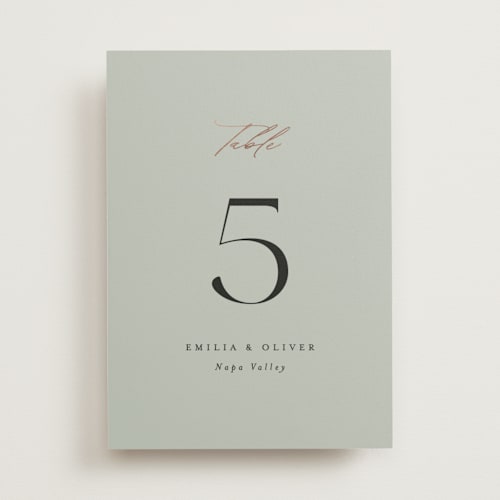 This is a sage table numbers with foil pressed by Angela Thompson called gilded script printing on doublethick in standard