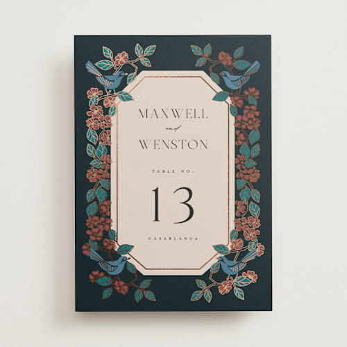 This is a onyx table numbers with foil pressed by Ana de Sousa called wedding birds printing on doublethick in standard
